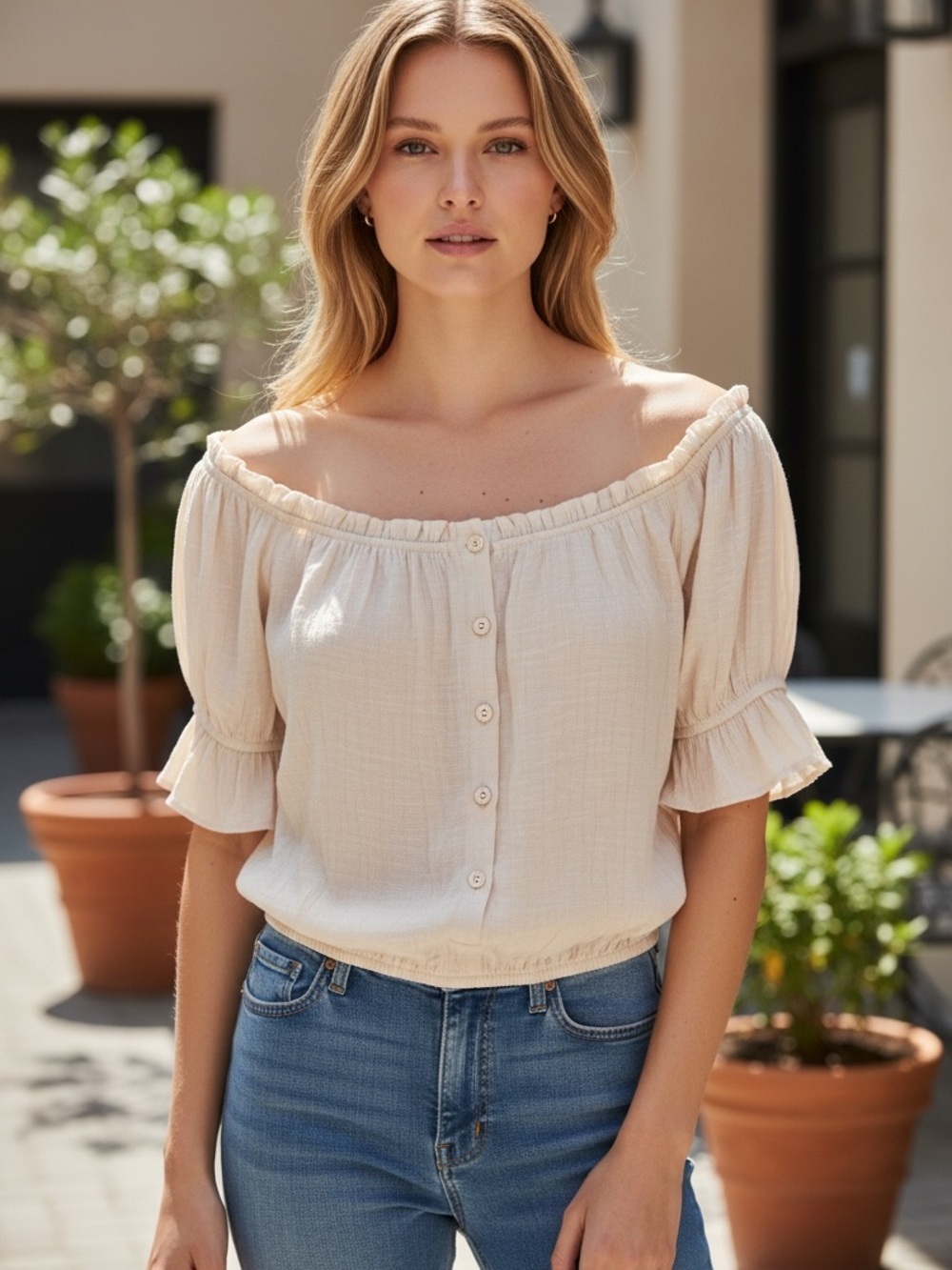 Listicle Chico Peasant Crop Blouse Cream Crinkle Fabric Fairy Romantic Size S
